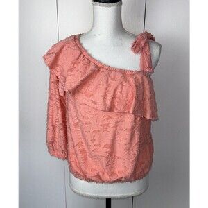 LC Lauren Conrad Womens One- Shoulder Top Ruffle 3/4 Sleeve Carnation Peach Sz S